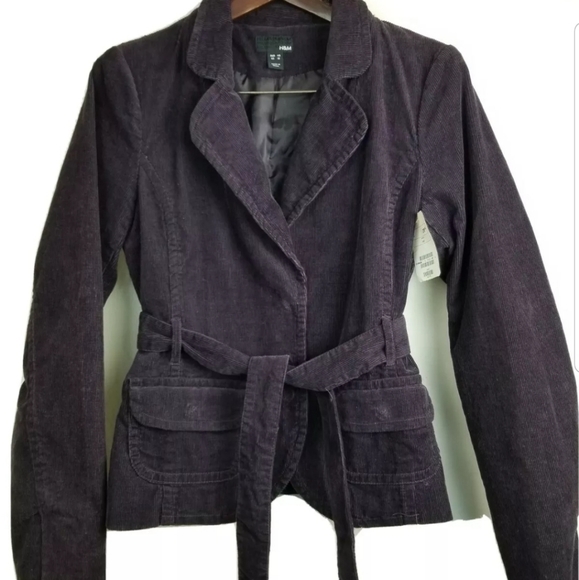 New H&M Purple Eggplant Corduroy Belted Cotton Belted Blazer Size Medium
